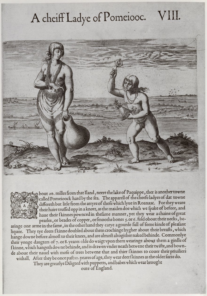 Indisk kvinde og ung pige, graveret af Theodor de Bry (1528-1598) af John White