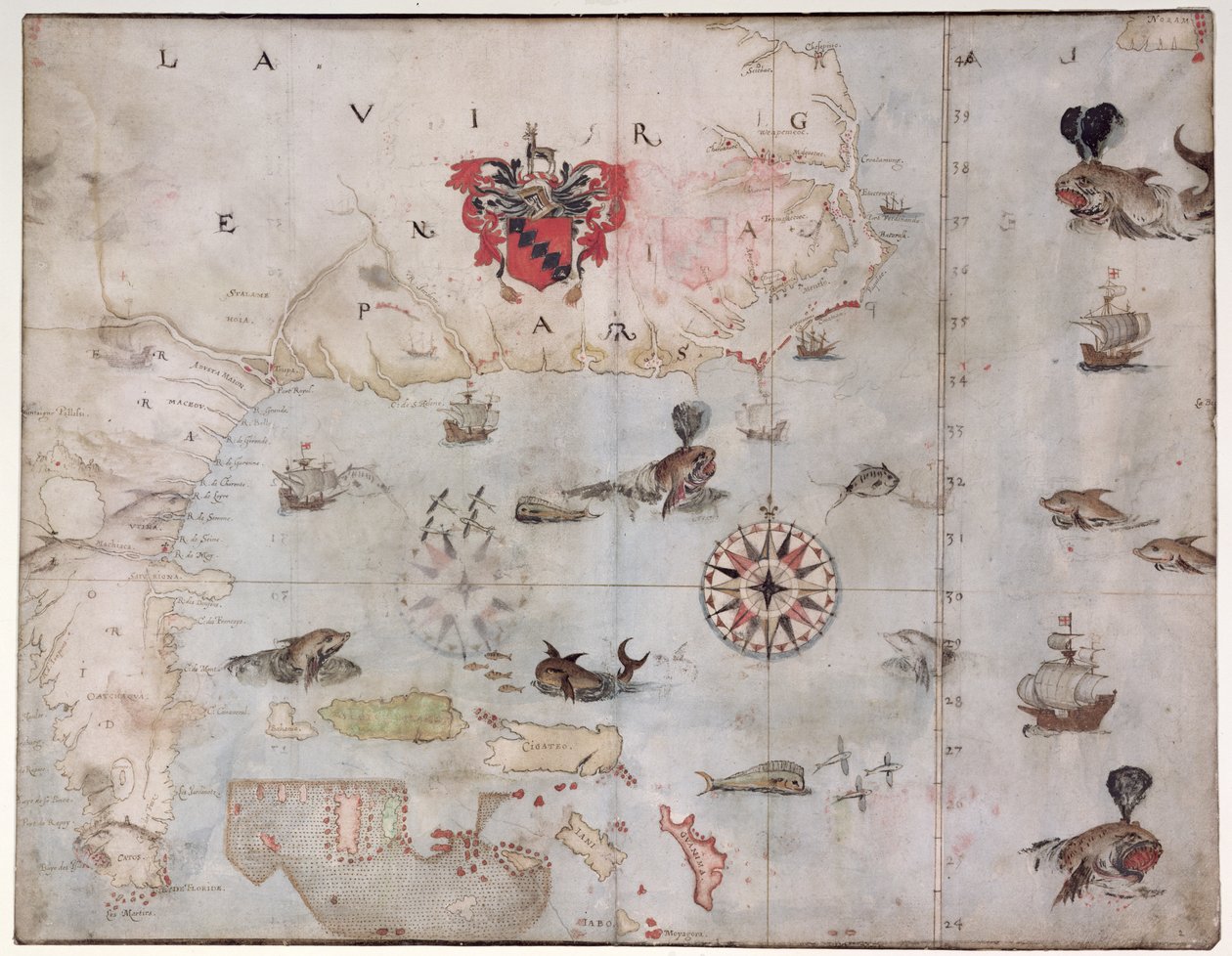 Kort over det østlige Nordamerika: Florida til Chesapeake Bay (litografi) af John White