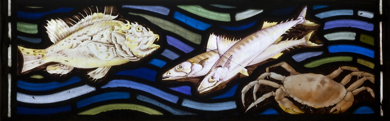 Fisk og krabber, Te Deum, Østvindue, ca. 1888 af John William Brown