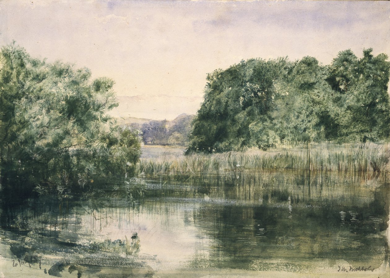 Udsigt over en sø med træer, 1857 (akvarel på papir) af John William Inchbold