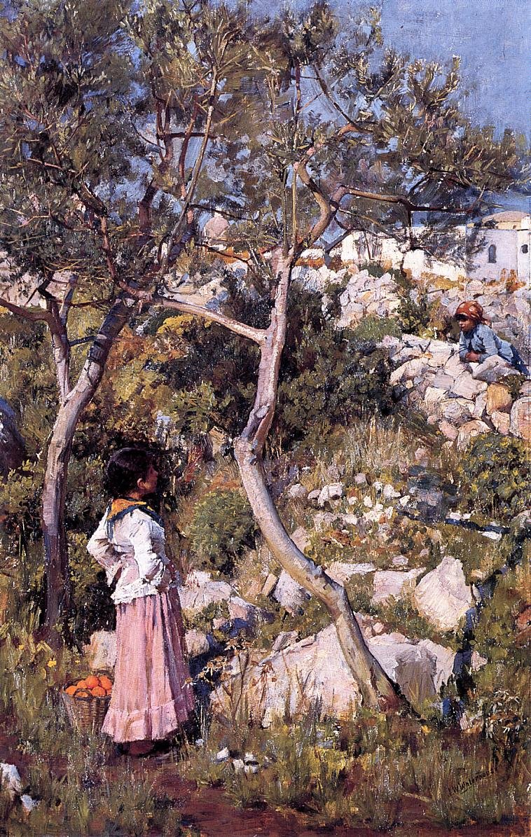 To små italienske piger ved en landsby af John William Waterhouse