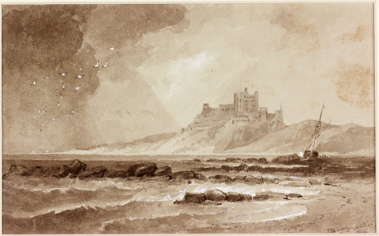 Bamburgh Castle fra nord (blæk (sepia) på papir) af John Wilson Carmichael