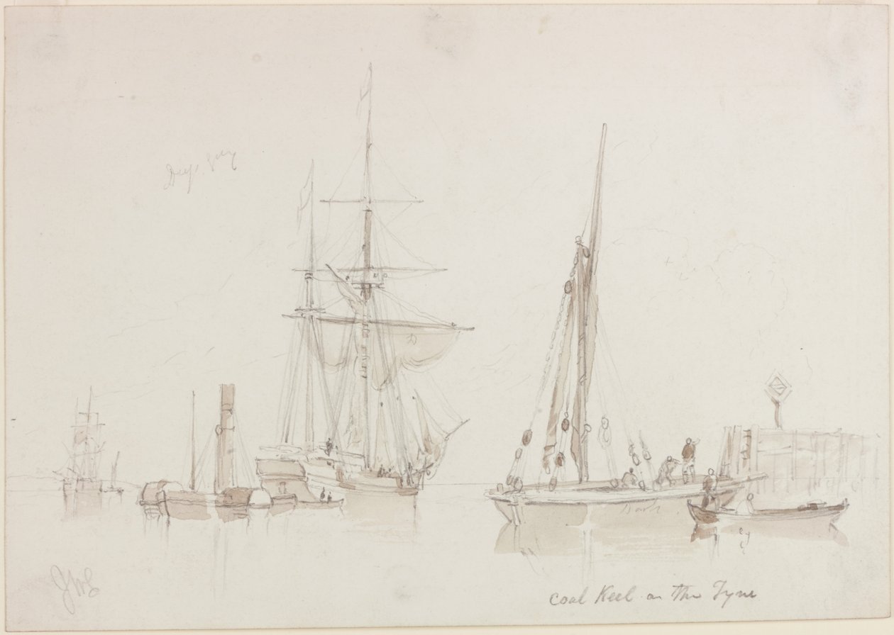 Coal Keel on the Tyne (blyant og akvarel (monokrom) på papir (creme)) af John Wilson Carmichael