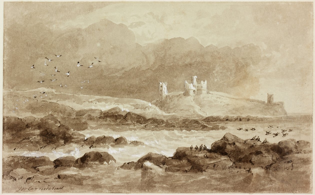 Dunstanburgh fra syd (kropsfarve (hvid) og blæk (sepia) på papir) af John Wilson Carmichael