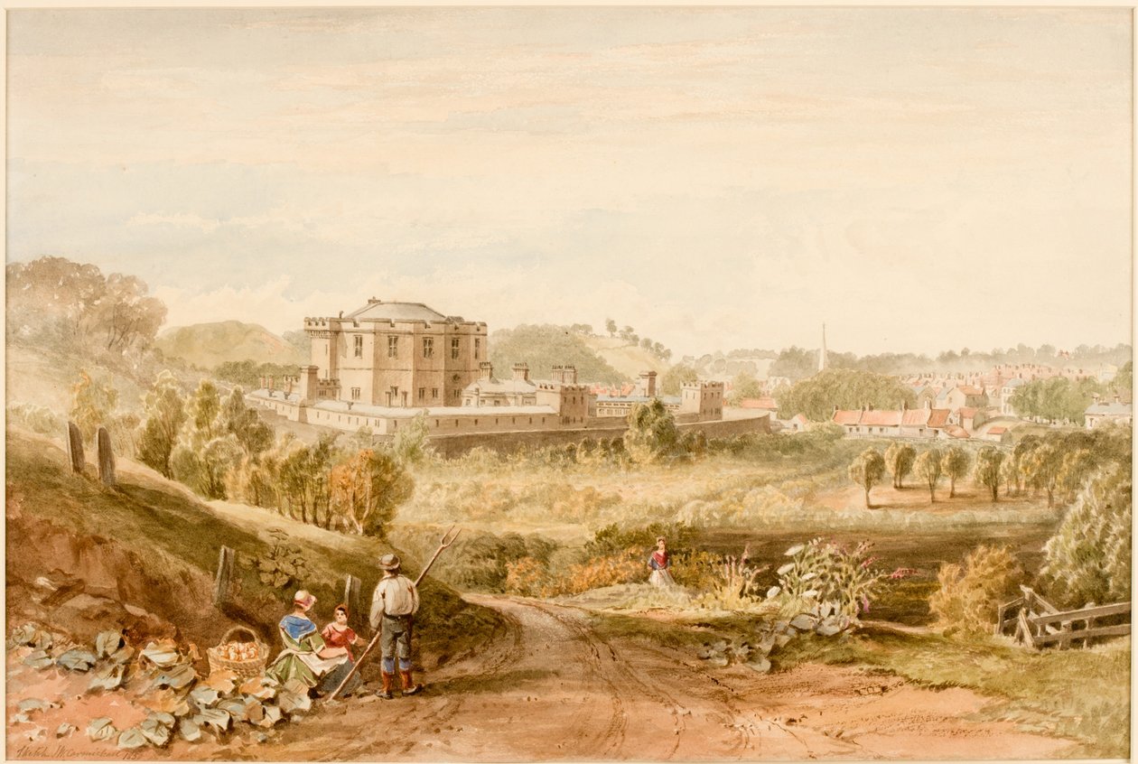 Morpeth Gaol, Northumberland (blyant og akvarel på papir (indsat på kort)) af John Wilson Carmichael