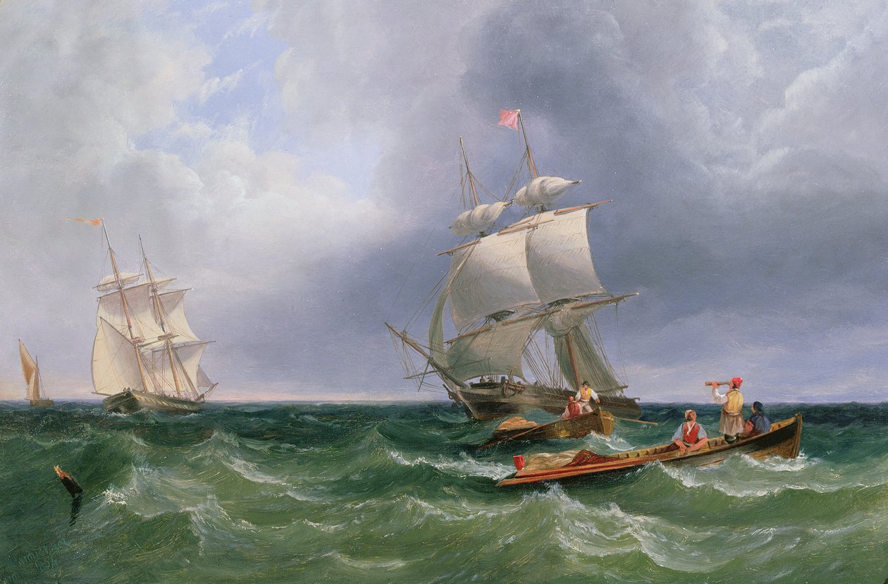 Landgangsgrupper går i land, briggerne i en bølgedal af John Wilson Carmichael