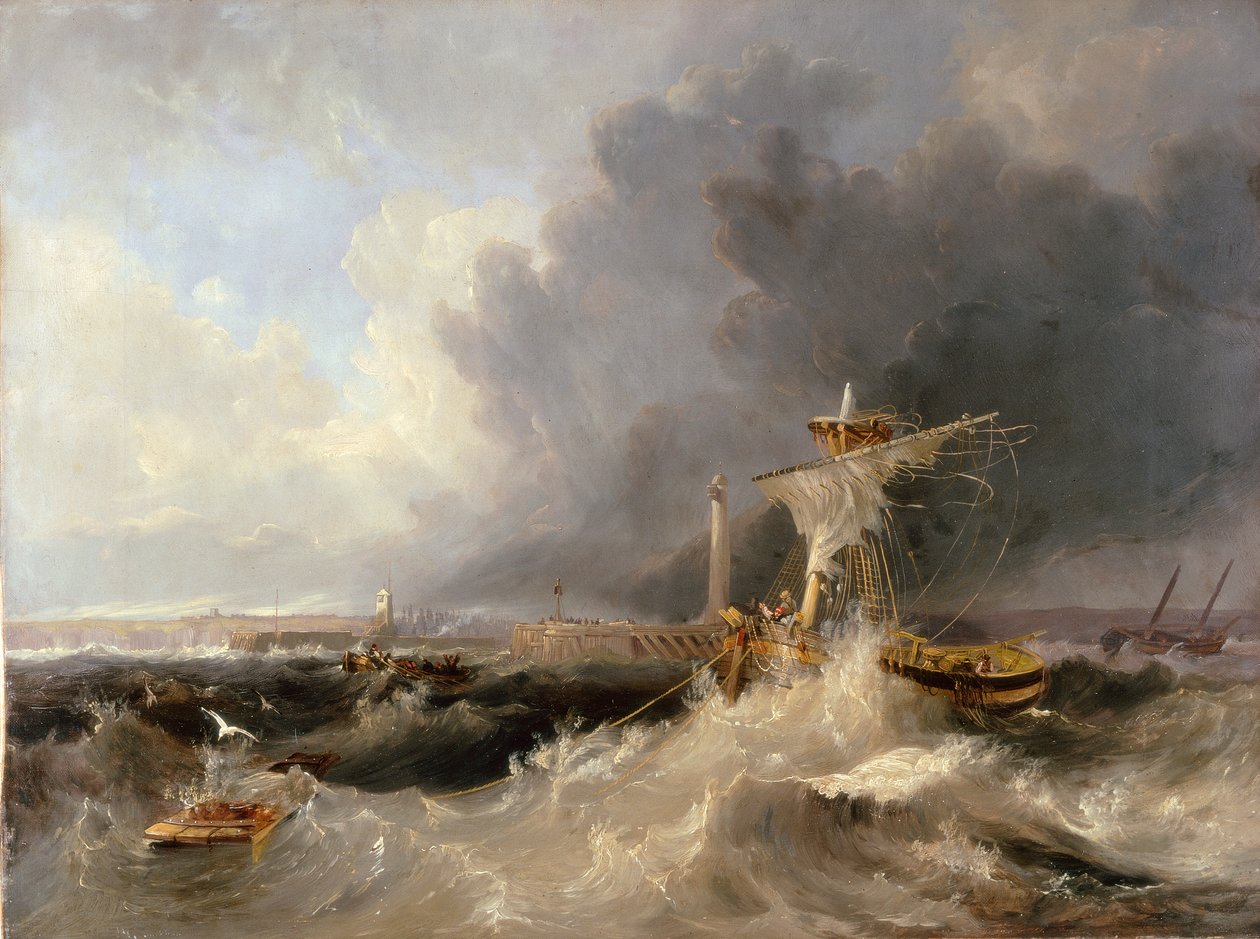 Sunderland Old Pier og fyrtårn med Ryhope Church i det fjerne, 1840 af John Wilson Carmichael