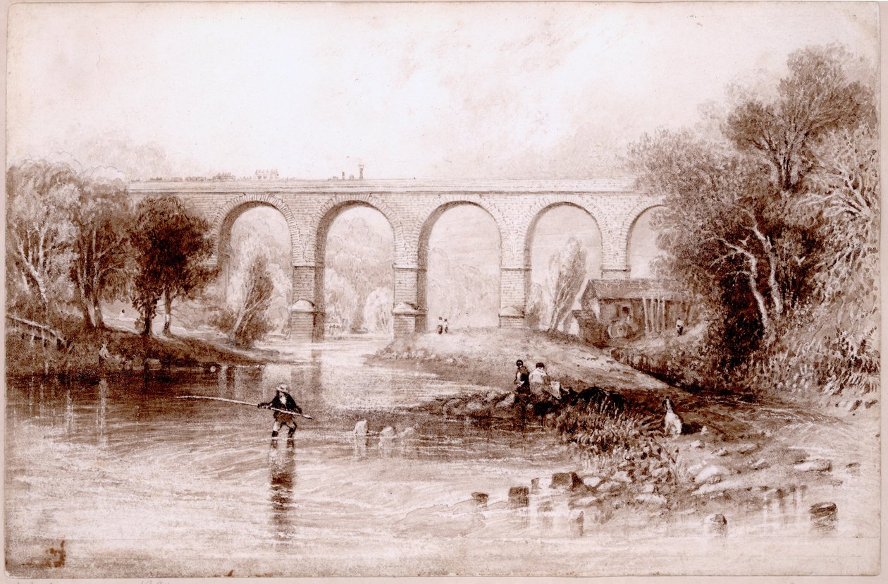 Wetheral Bridge, 1836 (wc og blæk på papir) af John Wilson Carmichael