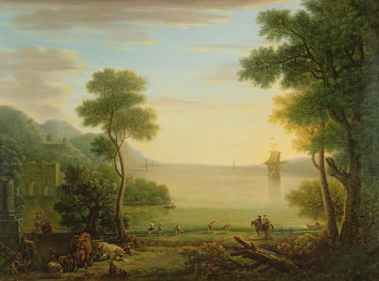 Klassisk landskab med figurer og dyr, solnedgang, 1754 af John Wootton