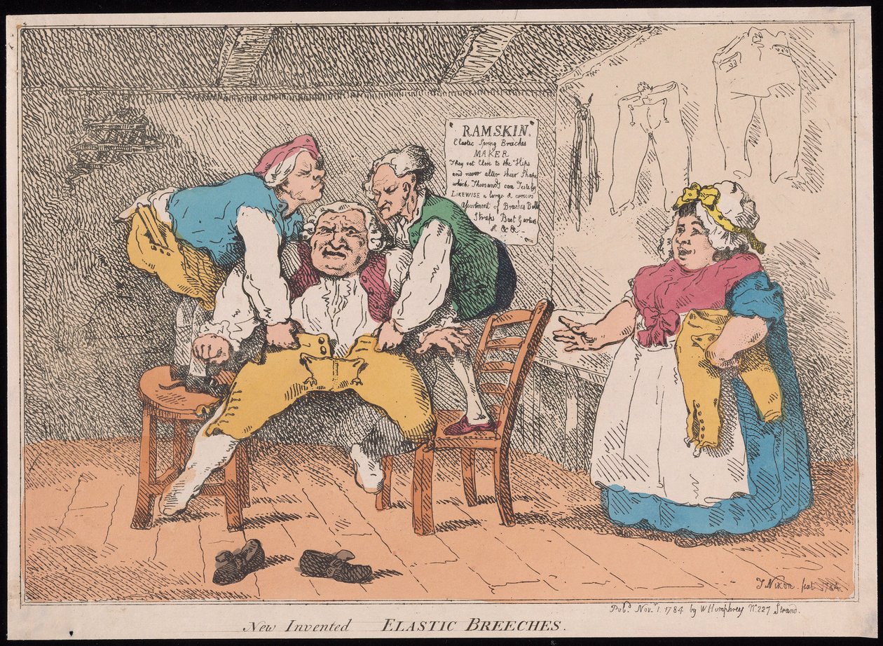 Ny opfundet - elastiske bukser, udg. 1784 (håndkoloreret gravering) af John after Nixon
