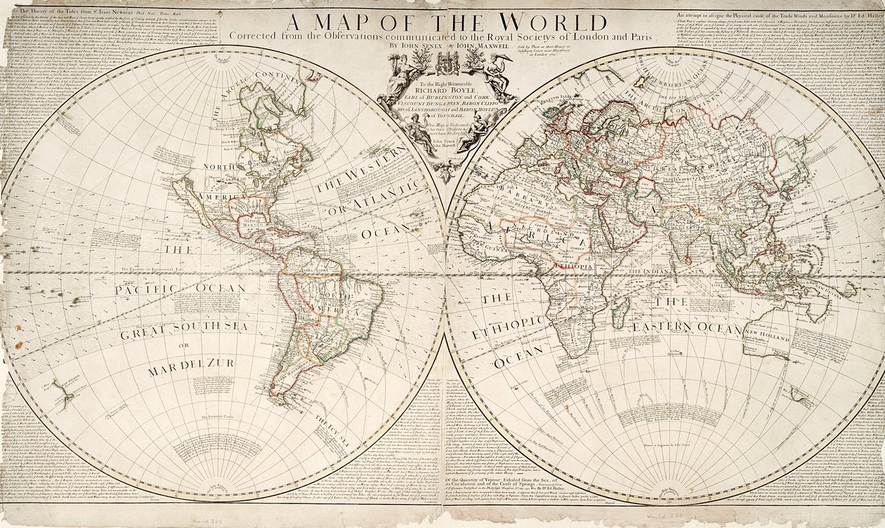 Et kort over verden, korrigeret fra observationerne meddelt til Royal Societies of London og Paris, til højre, ærede Richard Boyle, 1711 (farvegravering) af John Senex