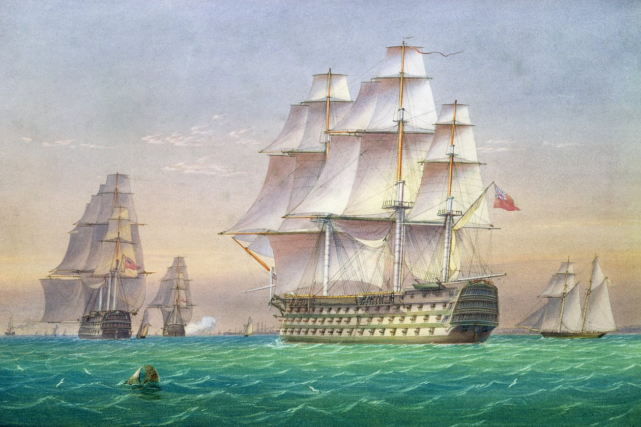Tre førsteklasses skibe på linjen, der går ind i Portsmouths havn af John and William Joy