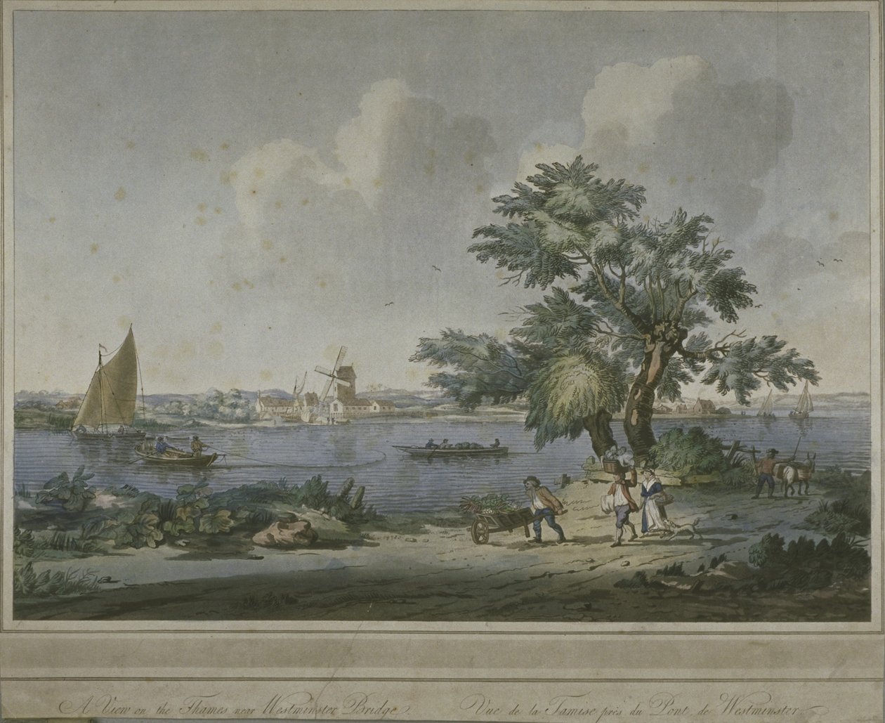 Udsigt over figurer, der transporterer grøntsager langs bredden af Themsen, 1787 (akvatint) af John the Elder Cleveley
