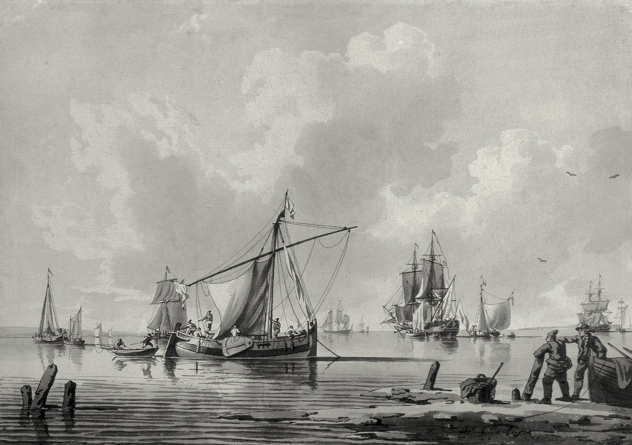 Flod med skibsfart, 1700-tallet (tegning) af John the Younger Cleveley