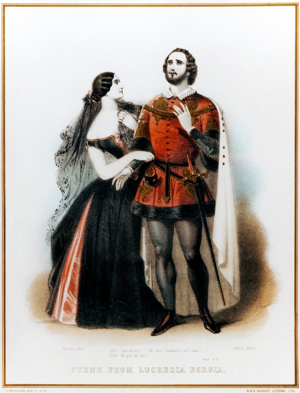 Gaetano Donizettis Opera Lucrezia Borgia - Introduktion til Scene II med Mario (italiensk tenor: 1810-1883) og Grisi (1811-1869) i London, HM Theatre Production, 6. juni af John (after) Brandard