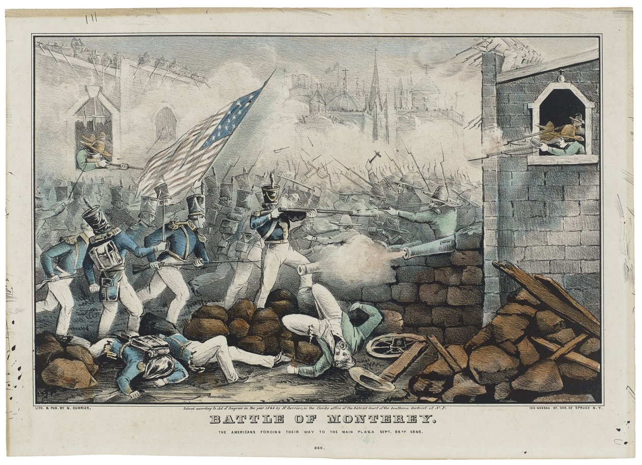 Slaget ved Monterey den 7. juli 1846, litho af Nathaniel Currier (1813-88) af John (after) Cameron