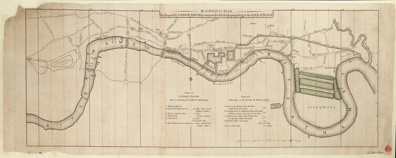 S. Wyatts plan, de foreslåede dokker i London sammenlignet med dem, der er foreslået ved Isle of Dogs af John (after) Cary
