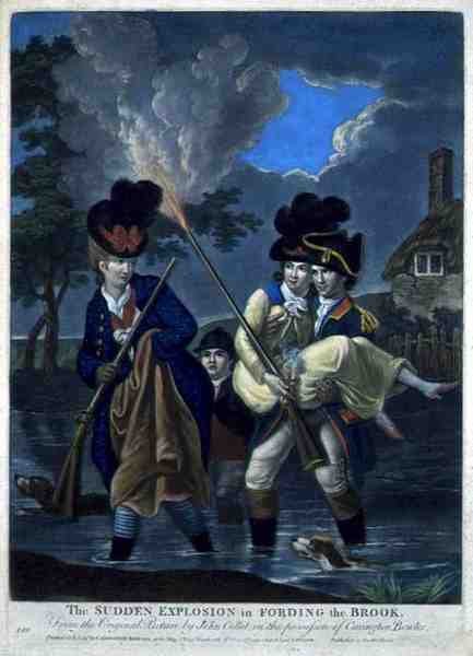 En pludselig eksplosion i Fording the Brook, pub. af Carington Bowles (fl.1744-93) (mezzotintgravering) af John (after) Collet