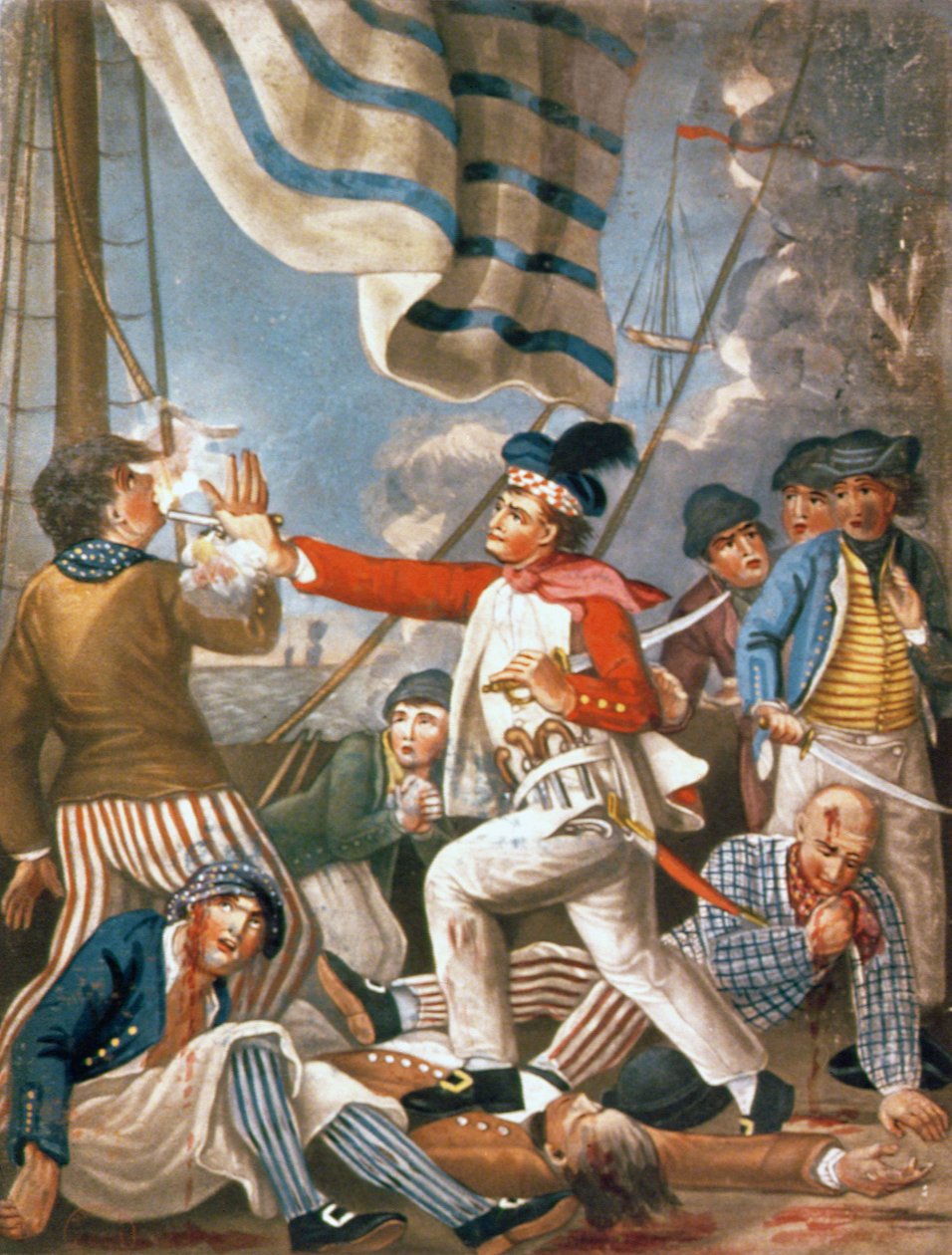 John Paul Jones skyder en sømand, der havde forsøgt at slå sine farver i en forlovelse, pub. af Carrington Bowles af John (after) Collet