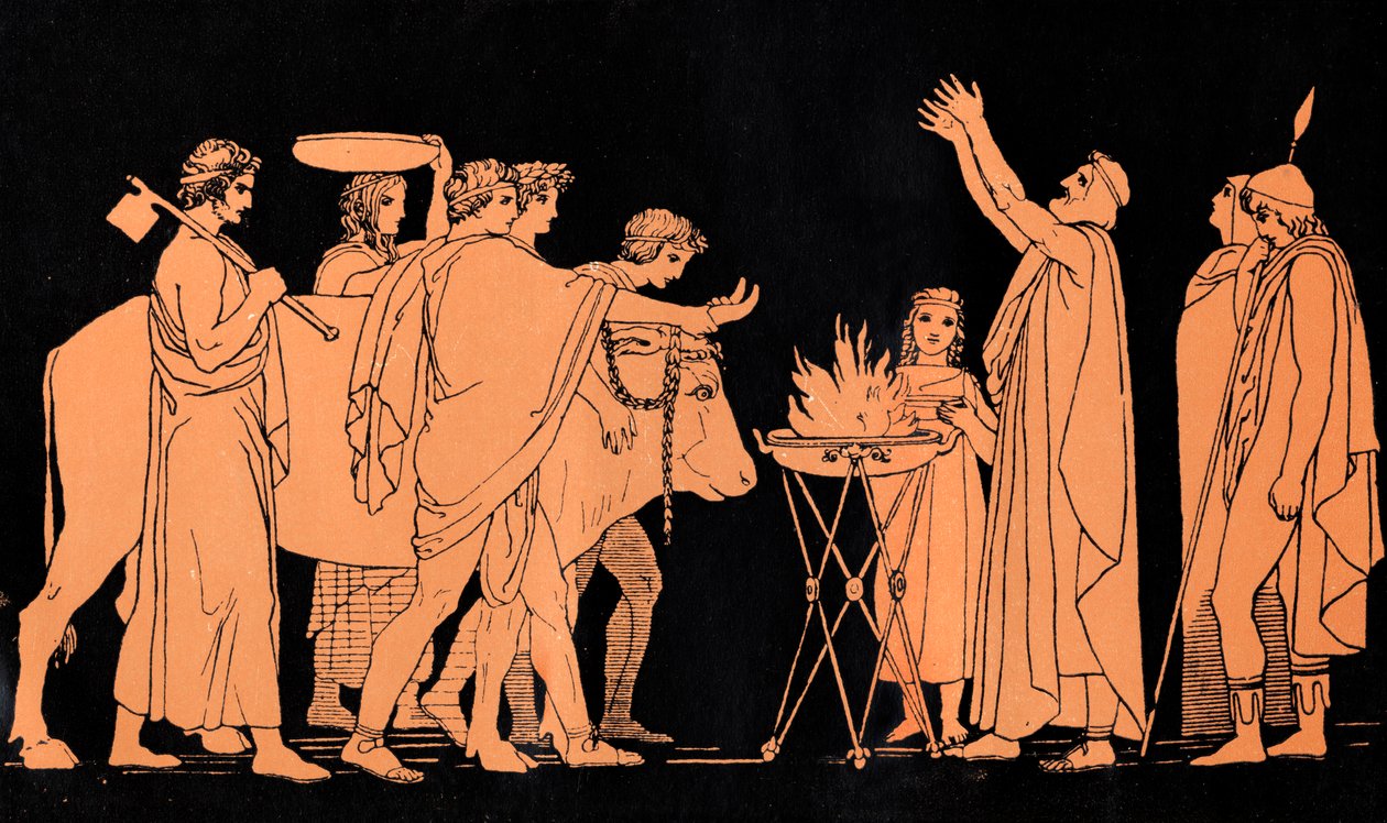Nestor, konge af Pylos og tidligere kriger i den trojanske krig, ofrer tyre til Poseidon, scene fra 