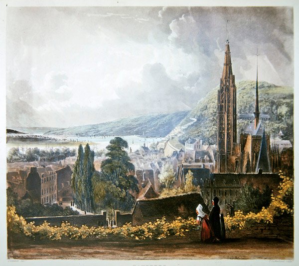 Caudebec, fra "Views on the Seine", graveret af Thomas Sutherland (f.1785), udgivet af R. Ackermann (1764-1834) 1821 (farvelitografi) af John (after) Gendall