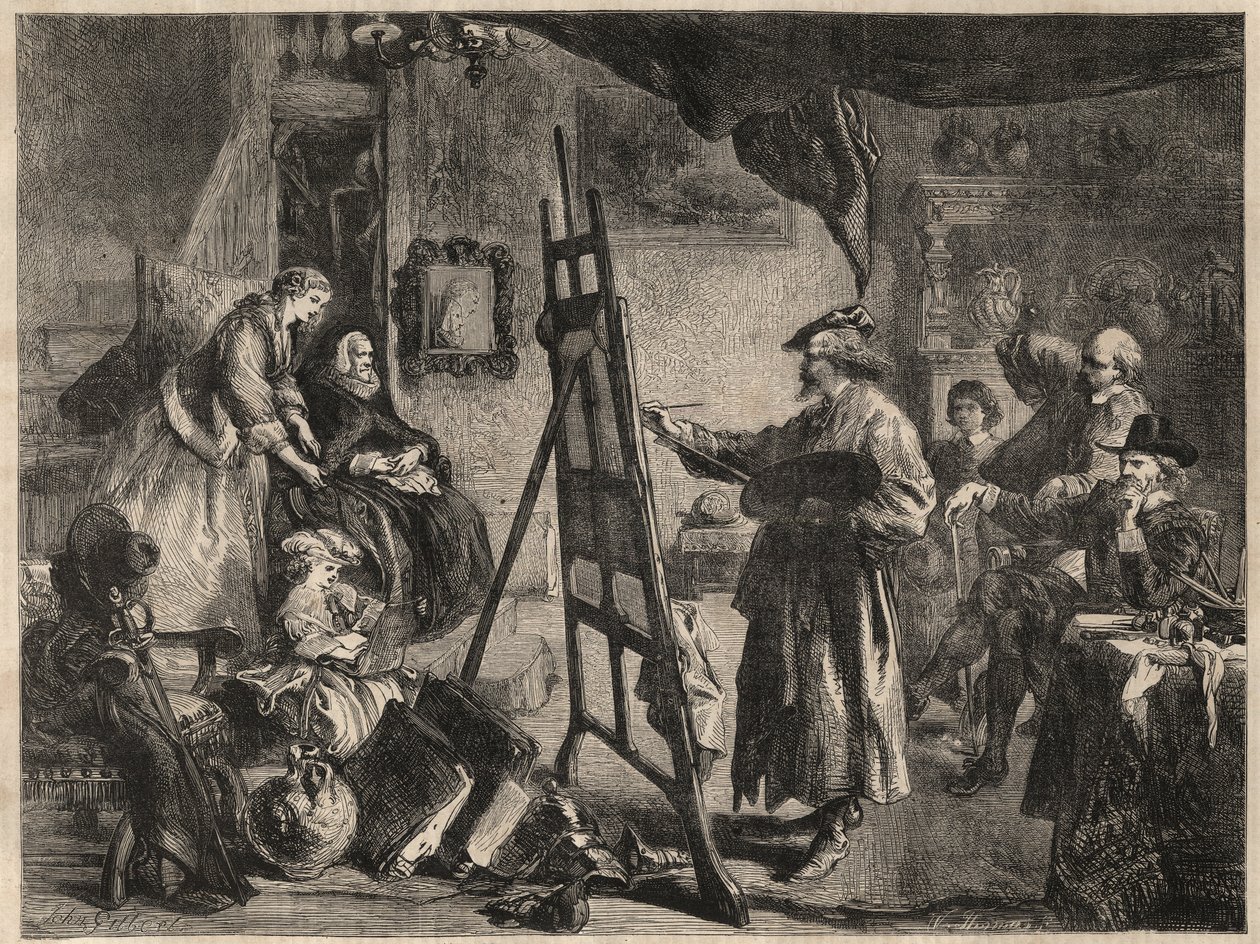 THE STUDIO OF REMBRANDT - gravering efter maleri af J. Gilbert - l