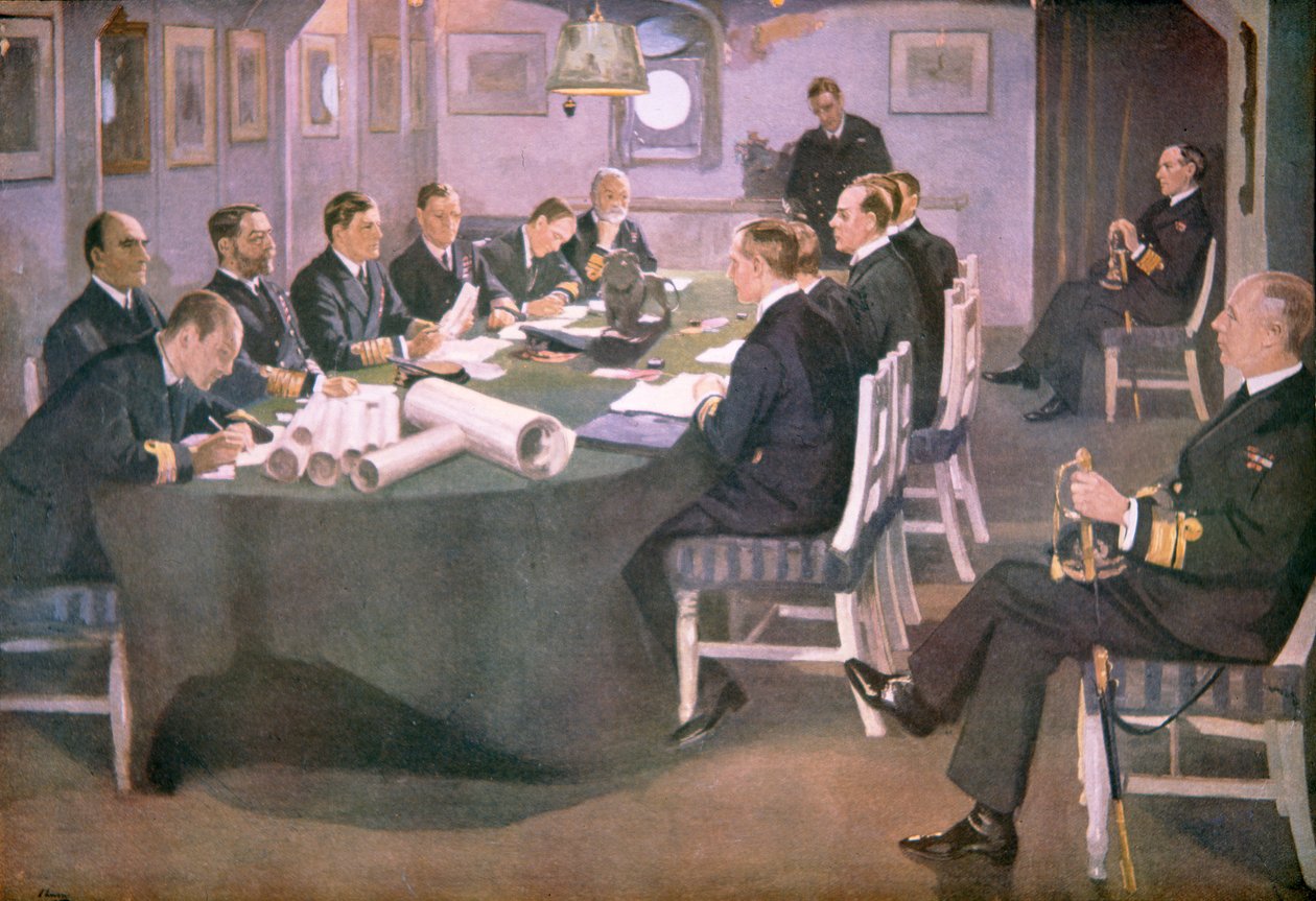 Admiral Sir David Beatty læser vilkårene for våbenhvilen op for de tyske delegerede ombord på HMS Queen Elizabeth ved Rosyth af John (after) Lavery