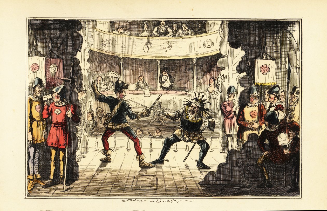 Skuespillere, der spiller Henry Tudor, kæmper mod kong Richard III af England på scenen i et teater af John (after) Leech