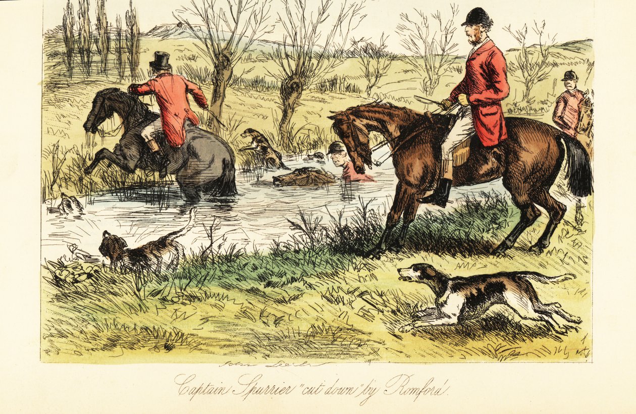 Engelsk jæger, der rejser en flod med rævehunde af John (after) Leech