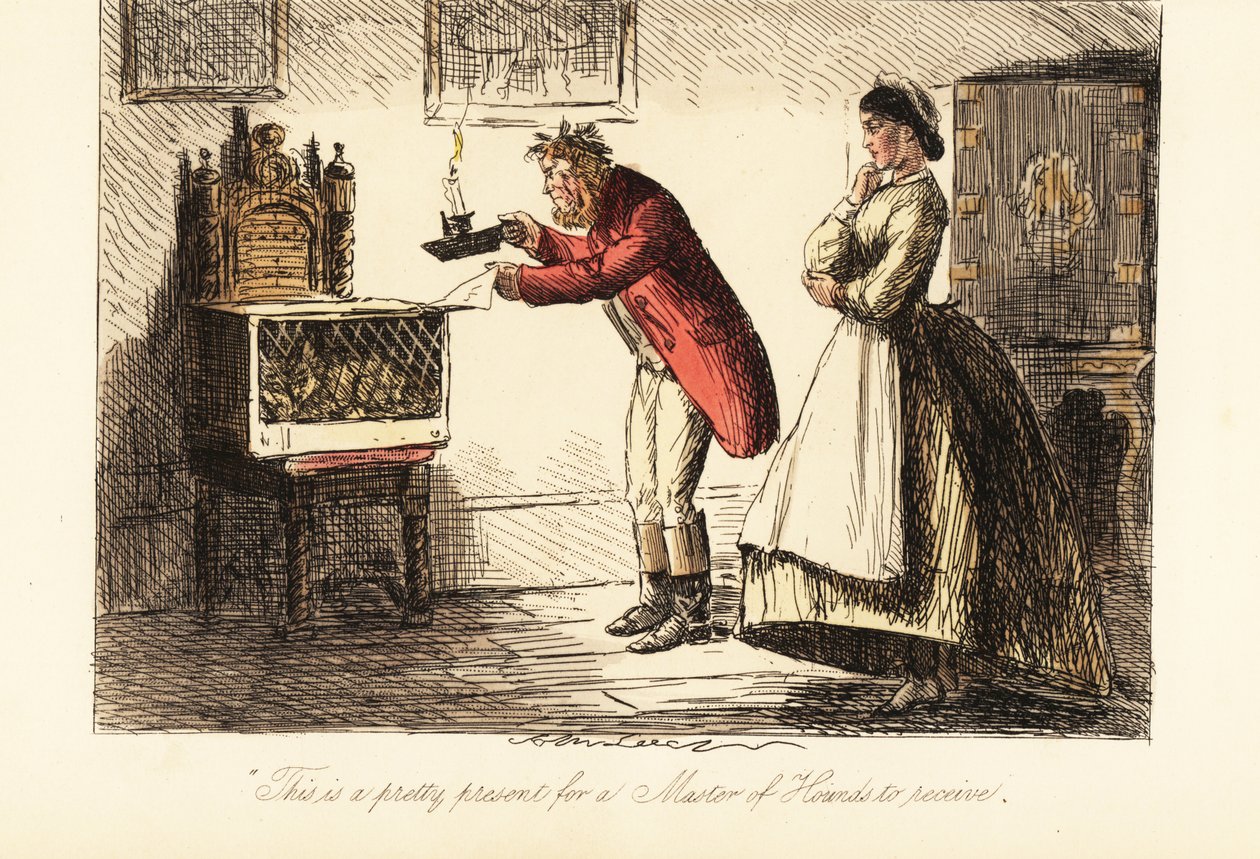 Engelsk jæger i jagtlyserøde og støvler, der undersøger en ræv i et bur ved levende lys af John (after) Leech