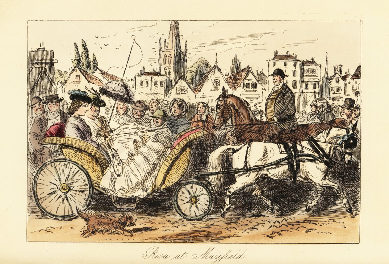 Engelsk dame i krinolinkjole med parasol kører en ponytrukket kurvevogn gennem de travle gader i en lille by af John (after) Leech