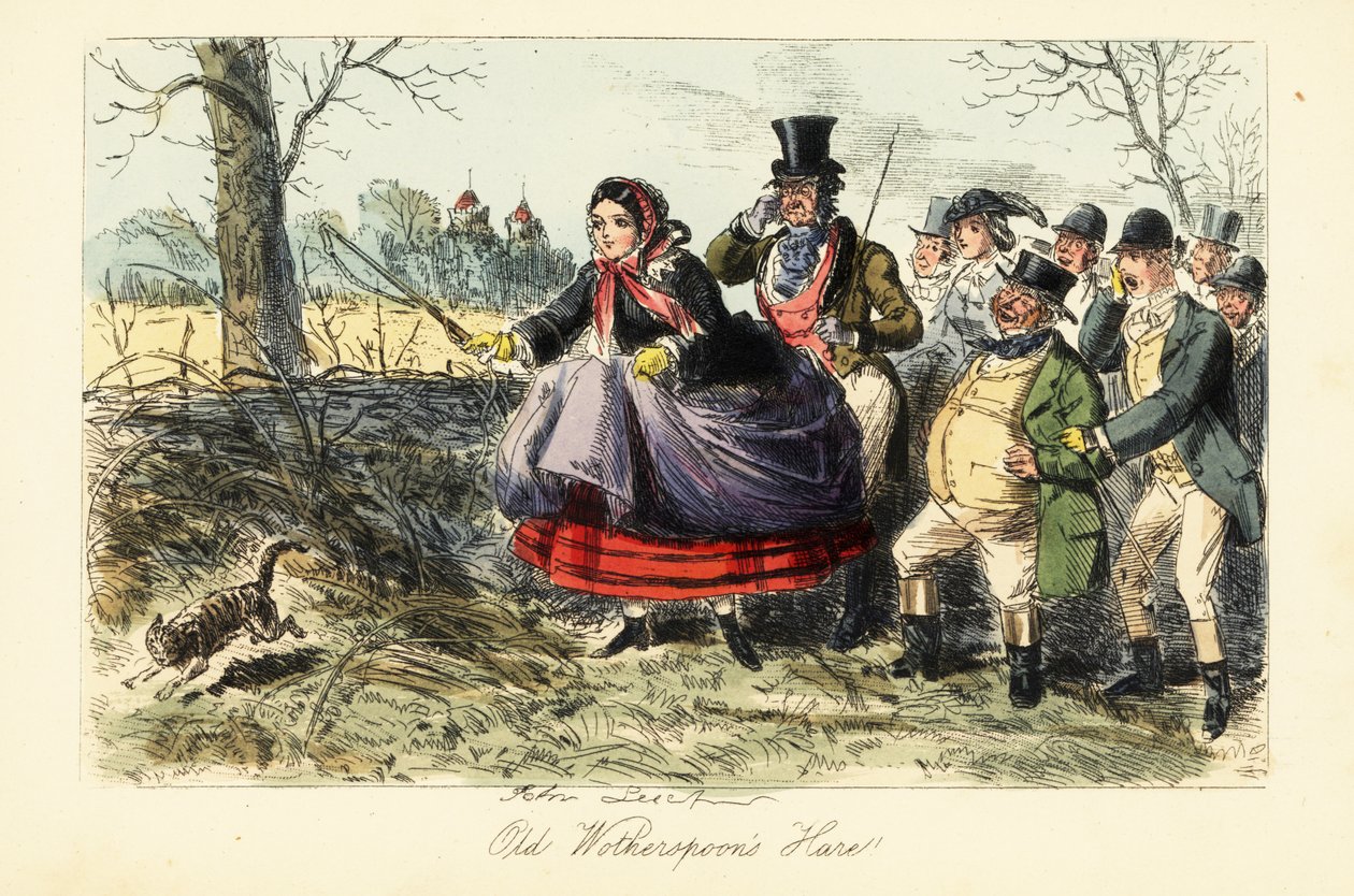 Engelsk kvinde i crinoline nederdel forsøger at fange en kat under en harejagt af John (after) Leech