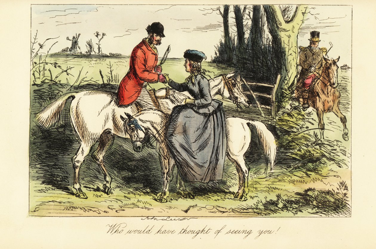 Herre på en gammel gnaven og dame på en pony mødes under en rævejagt af John (after) Leech