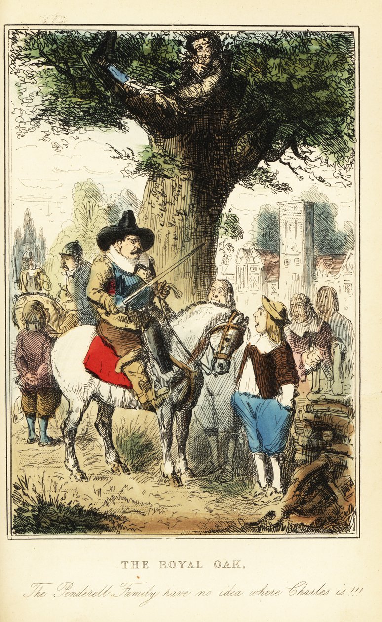 Kong Charles II gemmer sig i et egetræ i Boscobel Wood efter slaget ved Worcester af John (after) Leech