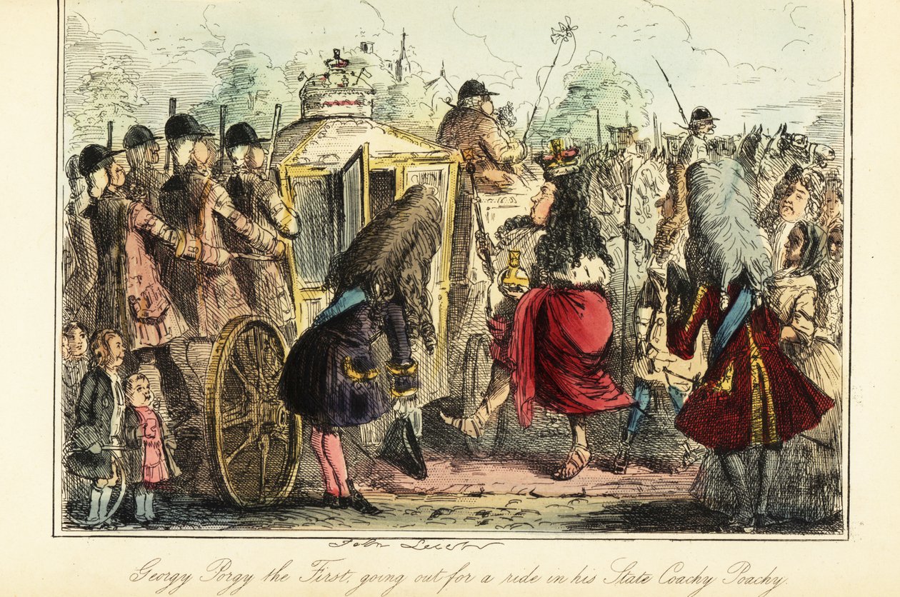 Kong George I af England går ombord på den kongelige træner til Osnabruck natten efter hans død, den 22. juni 1727 af John (after) Leech