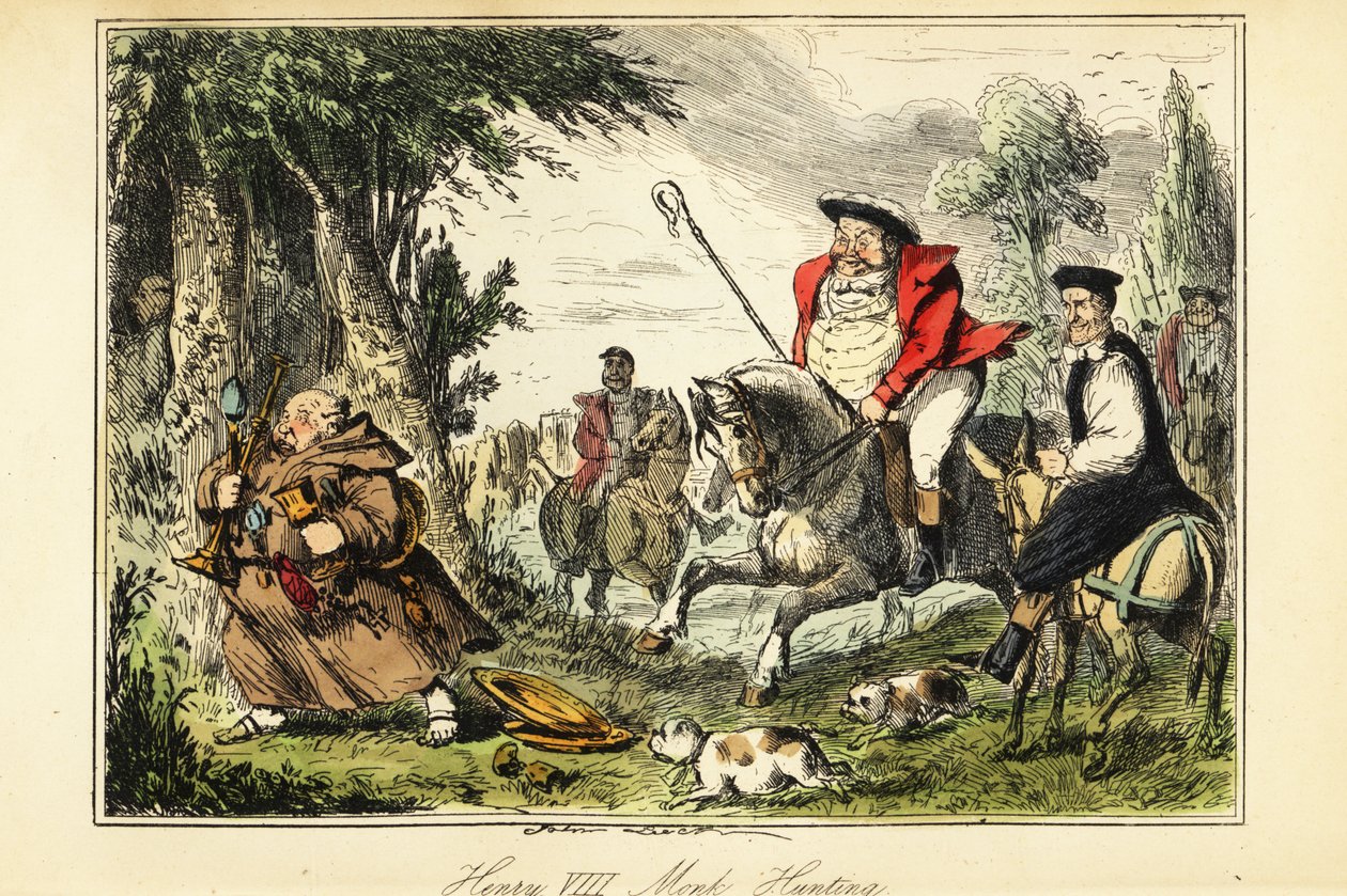 Kong Henrik VIII i victoriansk jagtdragt med en hyrdeskurk på hesteryg, der jagter en katolsk munk, der flygter med kirkeguldet af John (after) Leech