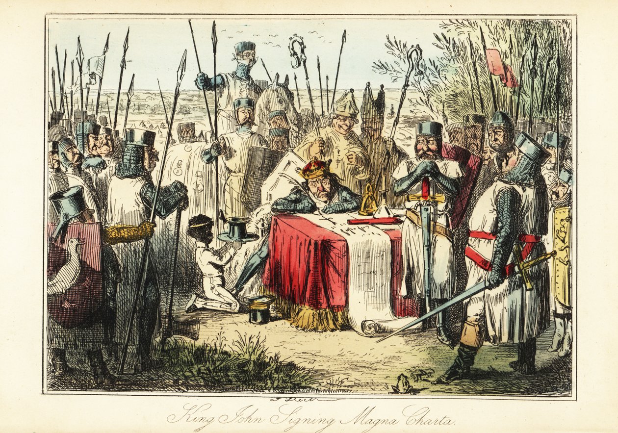 Kong John omgivet af baroner og biskopper, der underskrev Magna Carta ved Runnymede af John (after) Leech