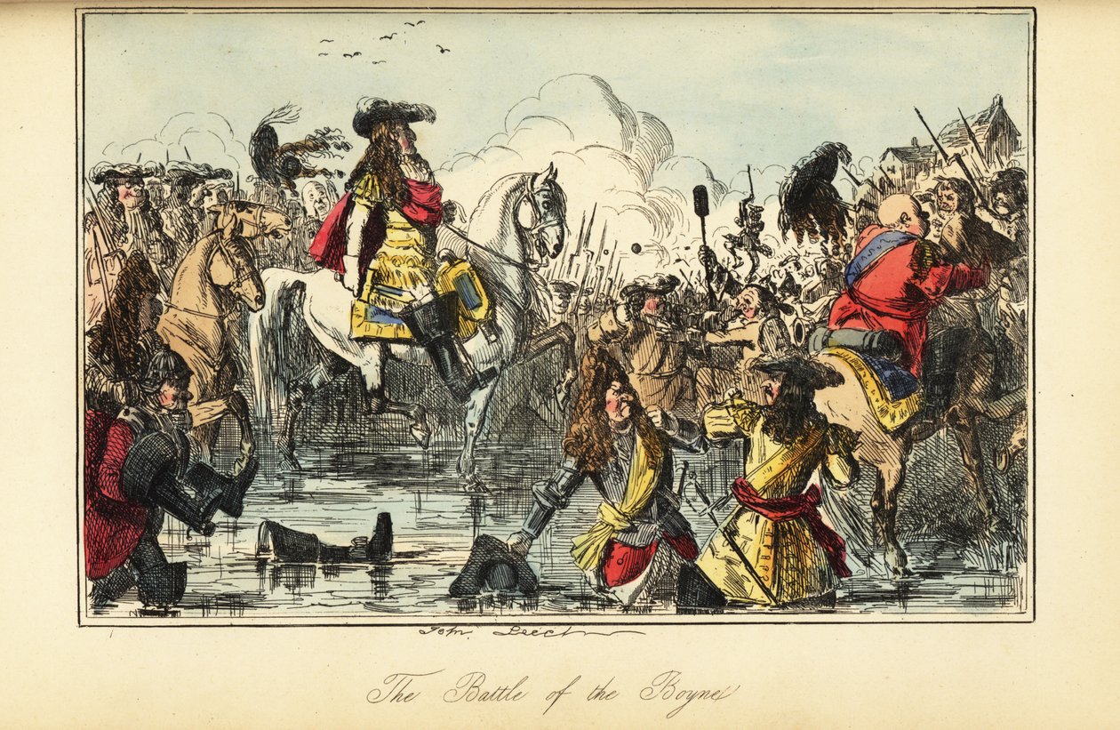 Kong William II krydser floden i slaget ved Boyne, Irland af John (after) Leech