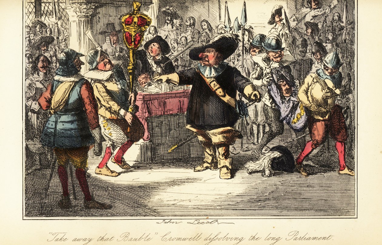 Oliver Cromwell fjernede mace fra Commons Chamber og opløste Rump Parliament i 1653 af John (after) Leech
