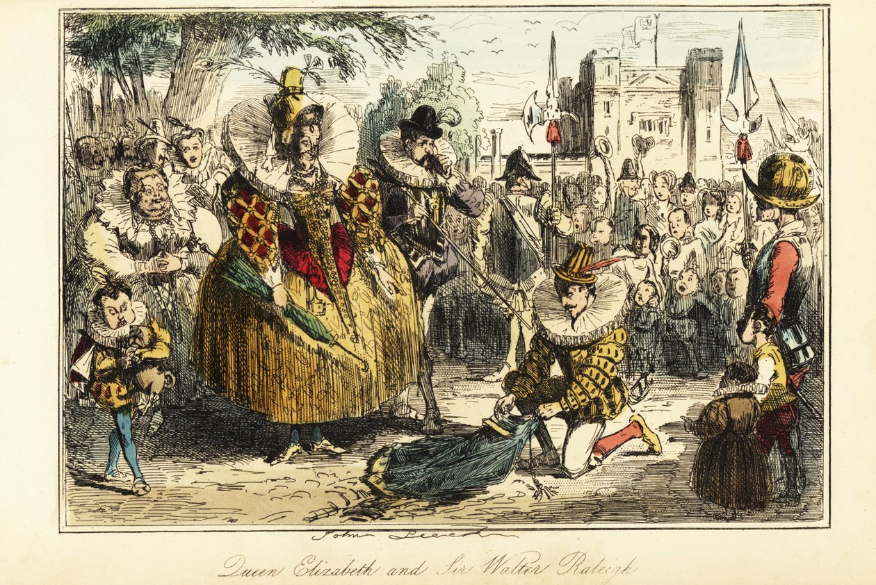 Sir Walter Raleigh lægger sin kappe over en vandpyt for dronning Elizabeth I i Greenwich af John (after) Leech