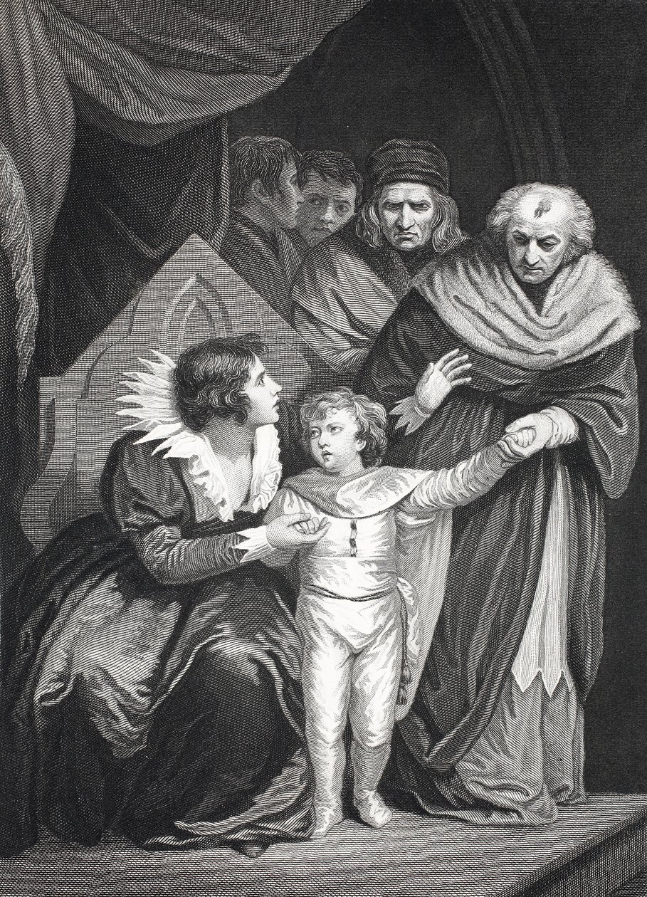 Elizabeth Woodville overgiver sin søn (litho) af John (after) Opie