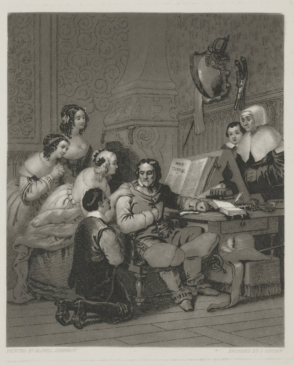 The Family of Cromwell interceding for The Life of Charles I, tryk lavet af Alfred Johannot (mezzotint) af John (after) Sartain
