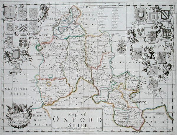 Kort over Oxfordshire, graveret og håndkoloreret af John Oliver og Richard Palmer, udgivet af Philip Lea, ca. 1690 (farvegravering) af John (after) Sellar