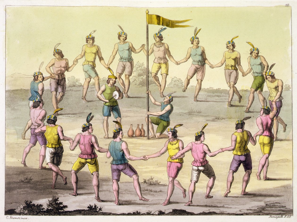 Chilenske indianere laver en ceremoniel dans (gravering) af John (after) White