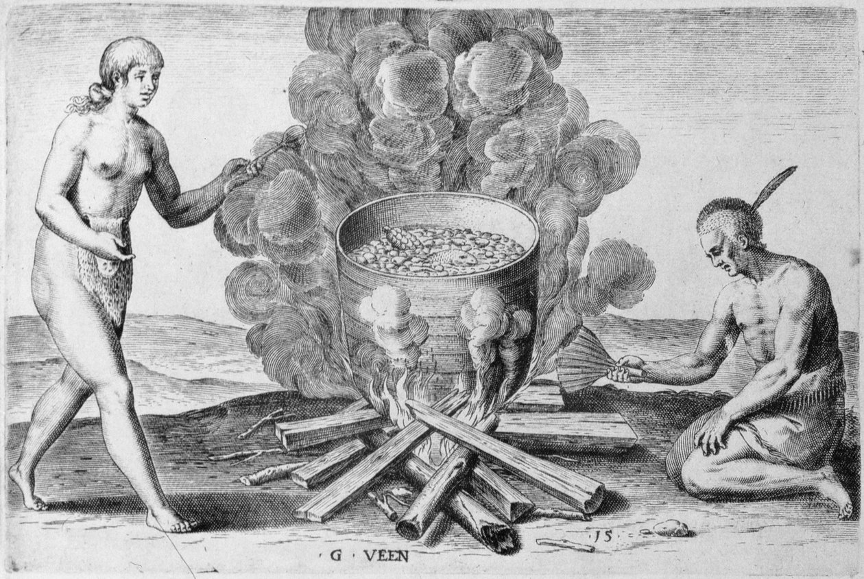 Madlavning i en gryde, gravering af Gysbert van Veen (1562-1628) (stik) af John (after) White