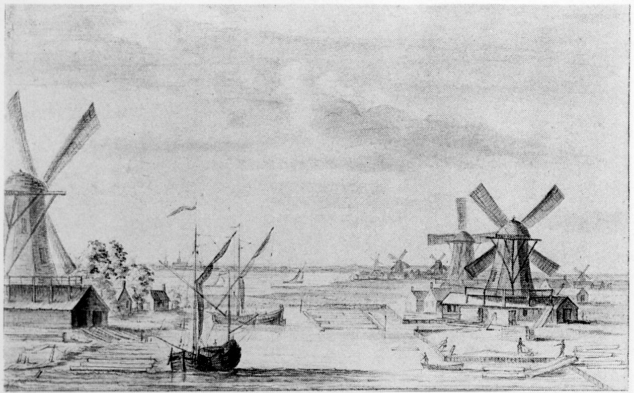 Udsigt over træsavværkerne ved Zaan, byen Zaandam hinsides (blyant, kridt og vask på papir) af John (attr. to) Greenwood