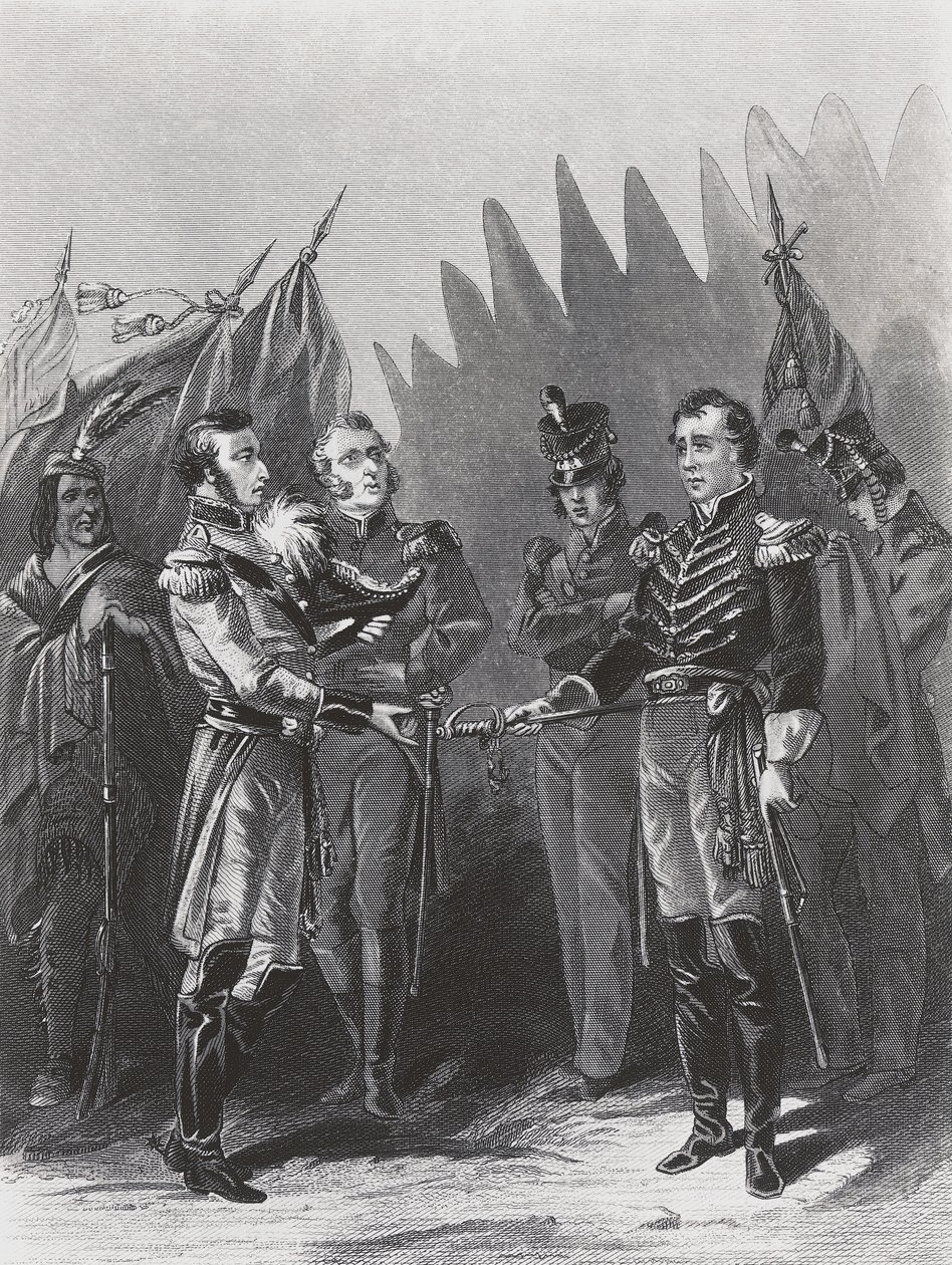 Den amerikanske general William Hulls overgivelse til britiske tropper og indianske krigere i Detroit, 15. juli af Walter Charles Mills