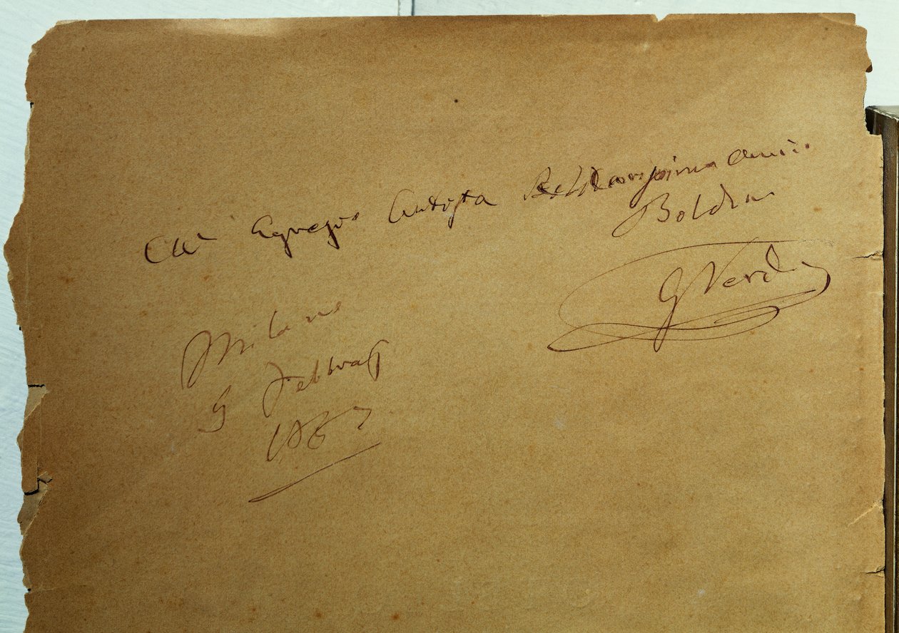 Autograferet dedikation af Giuseppe Verdi (1813-1901) til Giovanni Boldini (1842-1931) af Walter Charles Mills