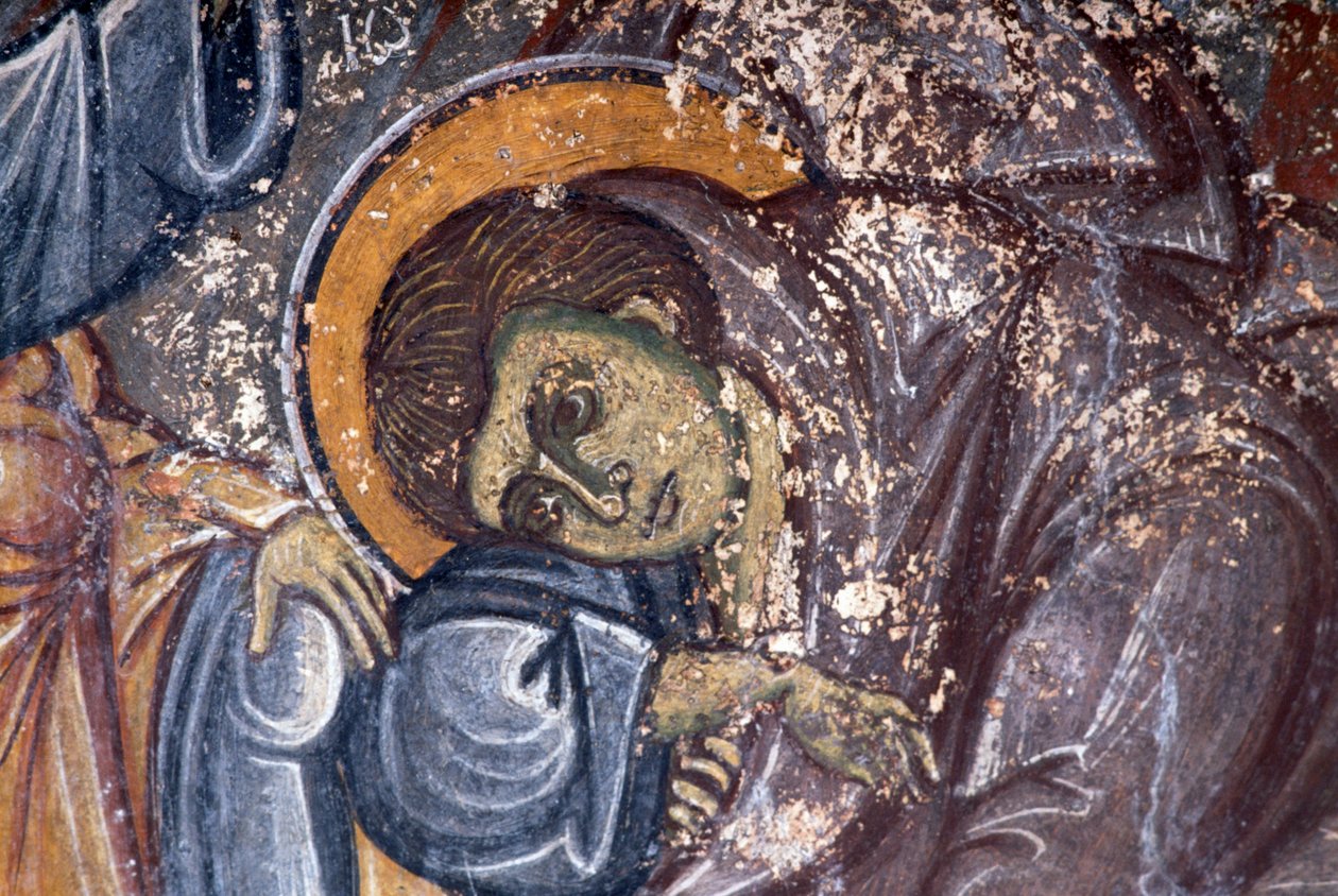 Helgenfigur, af Ioannis Pagomenos, detalje af fresko i den byzantinske kirke St George, Anidri, Kreta, Grækenland (foto) af Walter Charles Mills