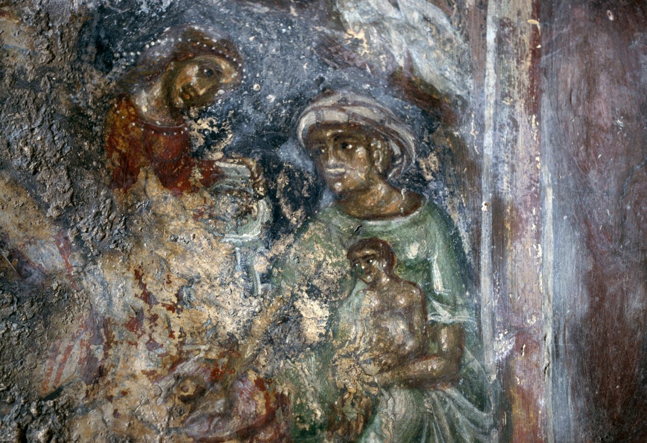 Fresco of Holy Family, Byzantine Church of Ayios Stephanos, Drakona, Kreta, Grækenland (foto) af Walter Charles Mills